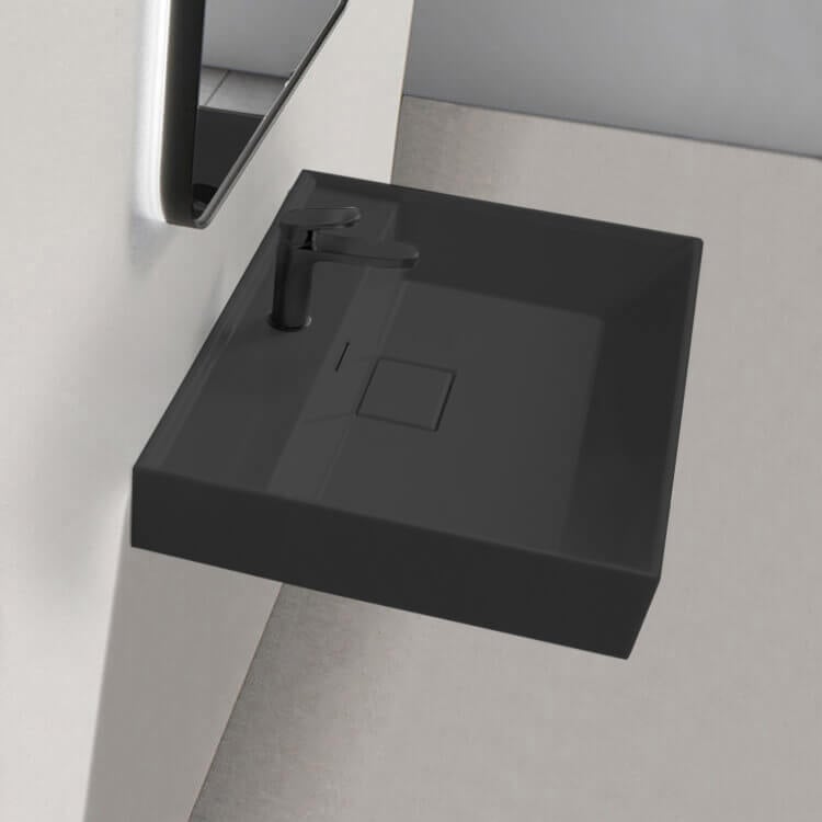 Bathroom Sink Square Matte Black Ceramic Wall Mounted or Drop In Sink CeraStyle 037007-U-97